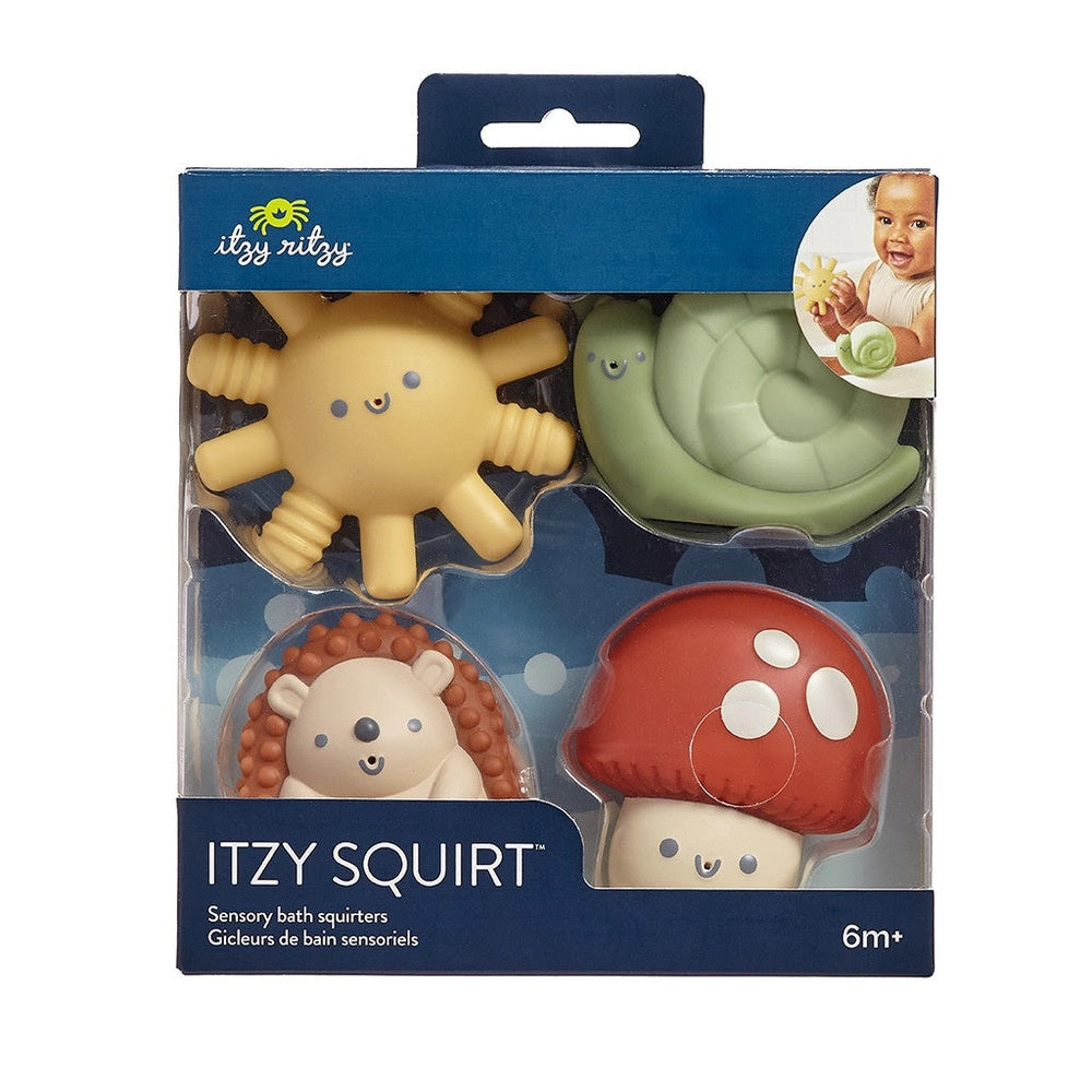 Itzy Squirt 4-pack of soft bath toys: yellow sun, green turtle, white bear, red mushroom