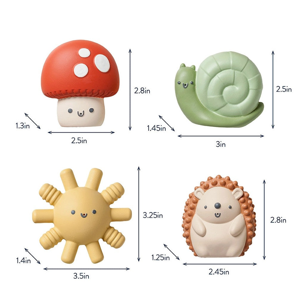 Itzy Ritzy Itzy Squirt 4-pack soft bath toys featuring mushroom, snail, sun, and hedgehog