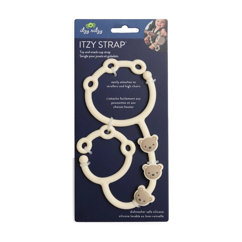 Itzy Ritzy Itzy Strap teething toy with cream ivory silicone rings and three bear charms
