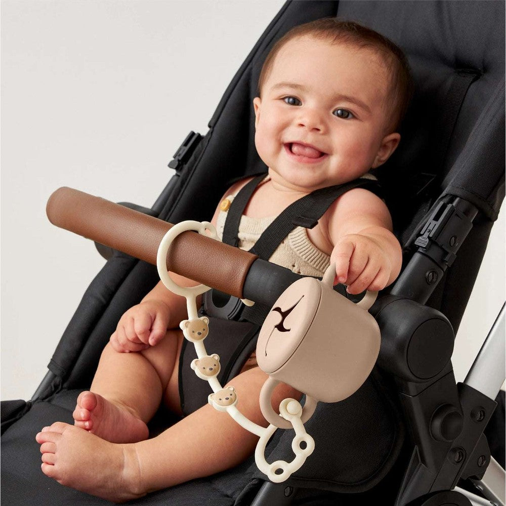 Itzy Ritzy Itzy Strap stroller toy; beige bear-bead chain with clip teether for babies