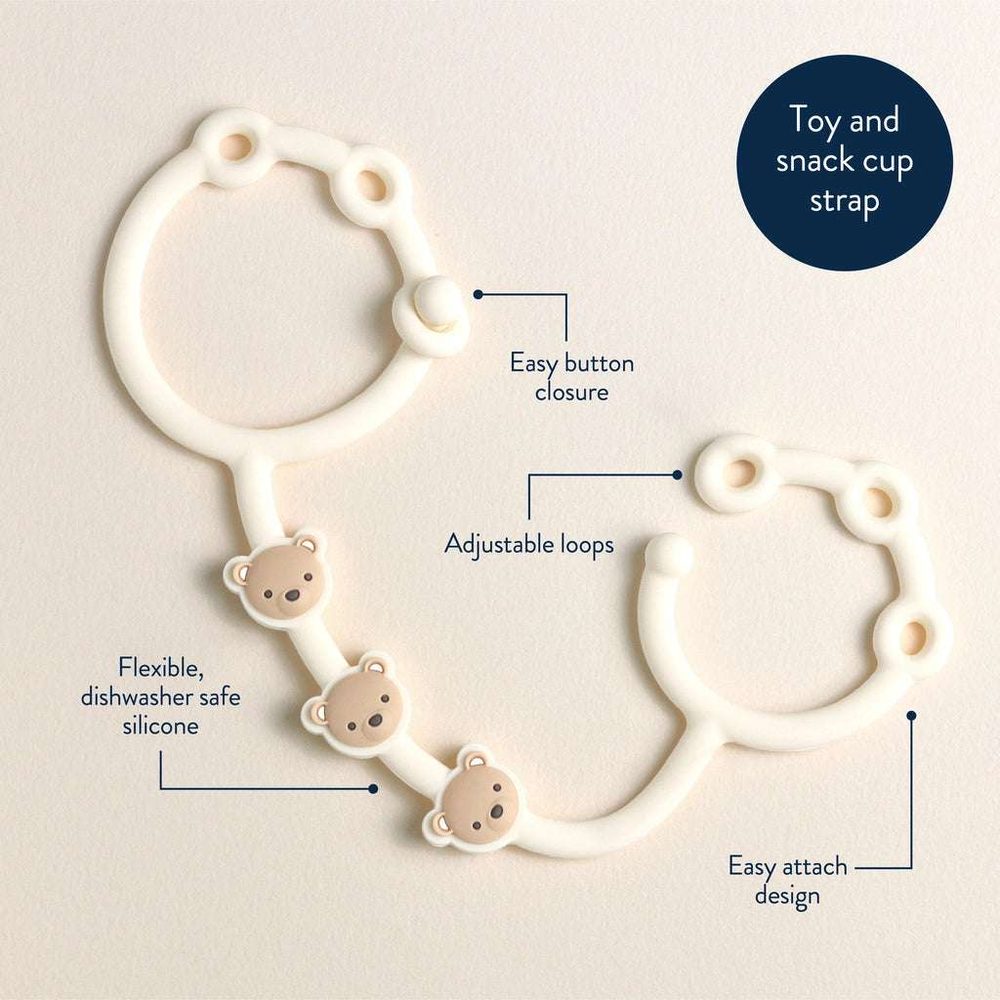 Itzy Ritzy Itzy Strap teething toy with three bear charms and adjustable loops, dishwasher-safe silicone