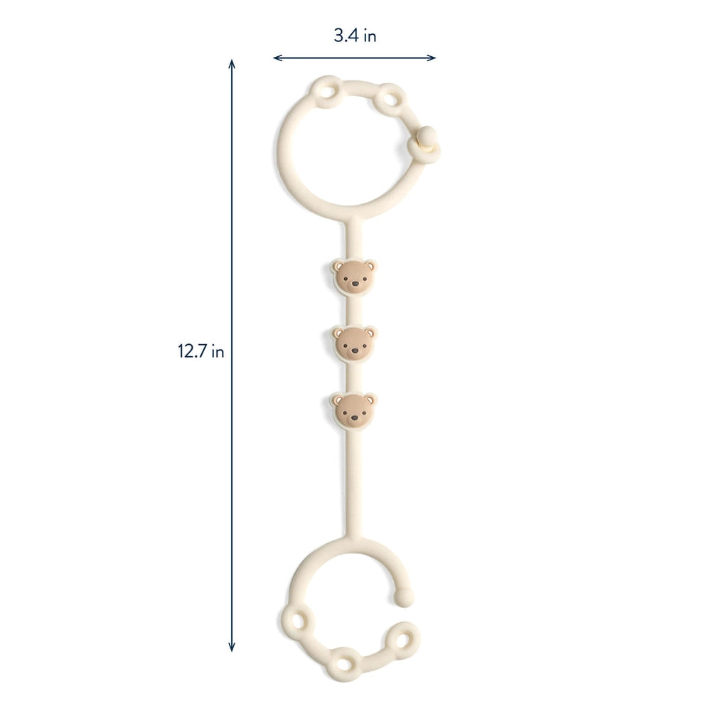 Itzy Ritzy Itzy Strap teething toy with cream rings and three bear charms, 12.7 inches long