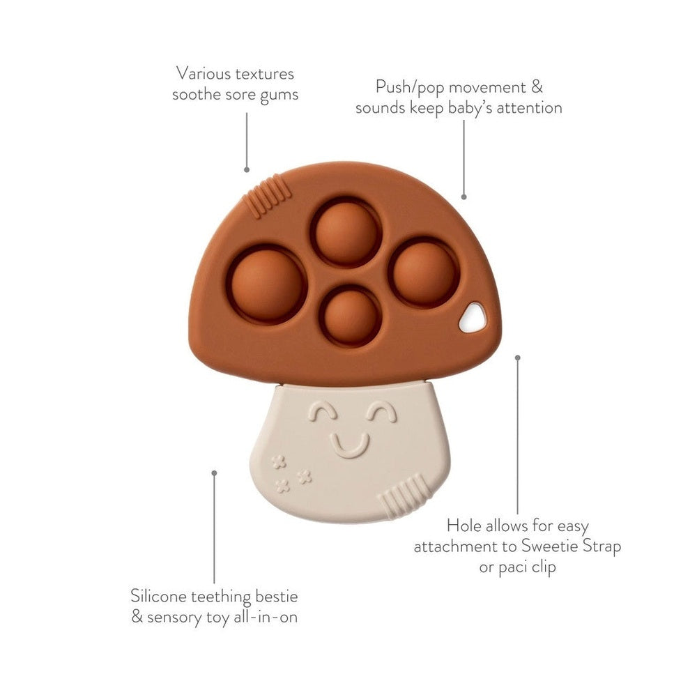 Itzy Ritzy mushroom teether gift set; silicone textures on a brown cap with beige stem