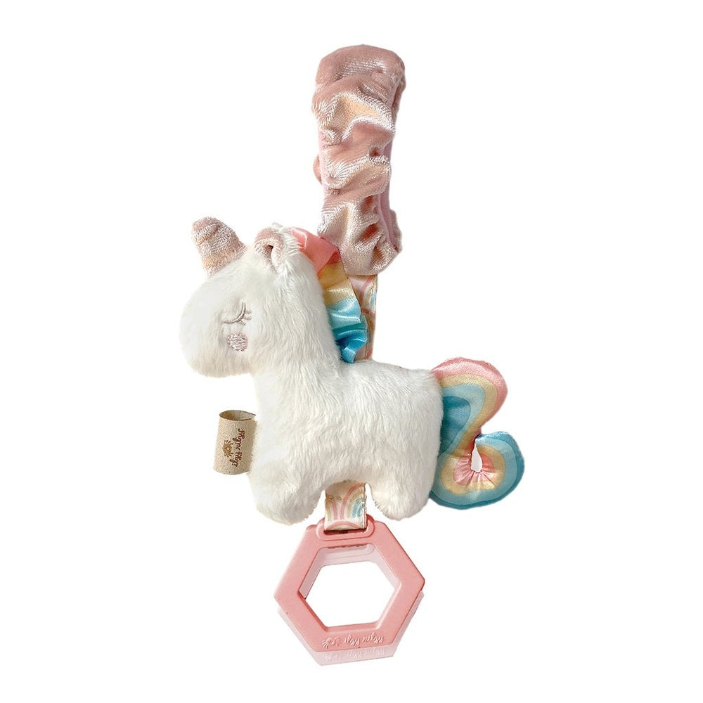 Itzy Ritzy JingleB attachable travel toy unicorn plush with pastel rainbow mane and pink hex ring