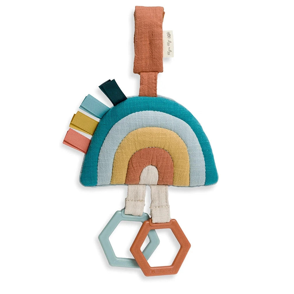 Itzy Ritzy JingleB Attachable Travel Toy rainbow fabric teether with pastel arches and strap