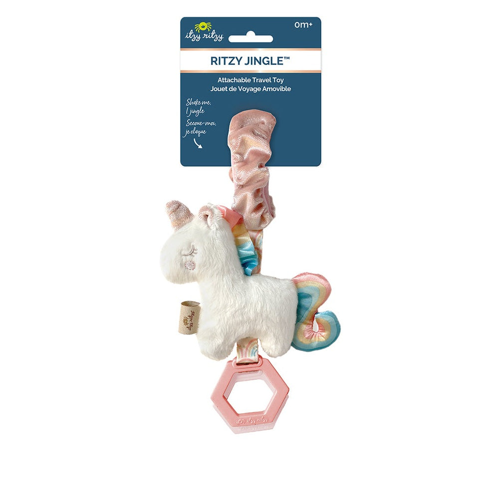 Itzy Ritzy Jingleb Attachable Travel Toy unicorn plush with rainbow mane and pink hexagonal teether