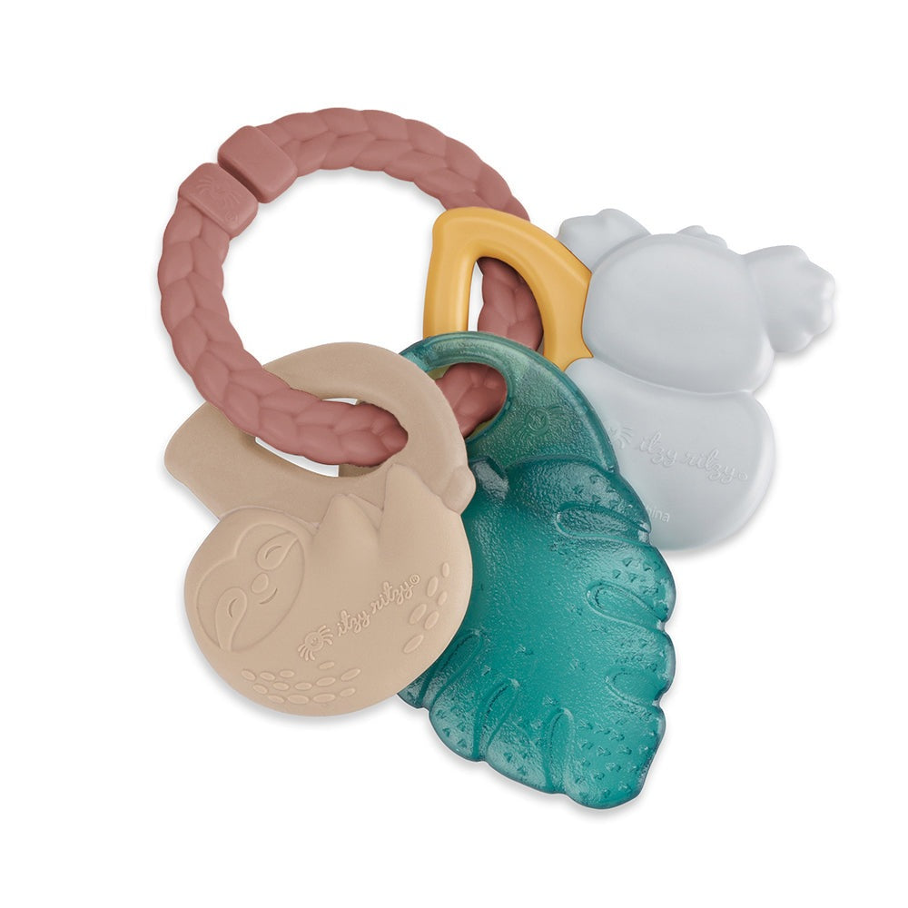 Itzy Ritzy Keys Ring with Rattle Teether Tropical teething toy set; teal leaf, pink braided ring, beige round charm