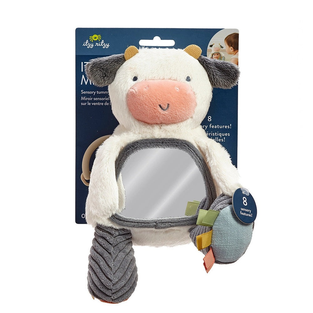 Itzy Ritzy mirror cow plush toy with cream fur, gray ears, pink snout and reflective belly