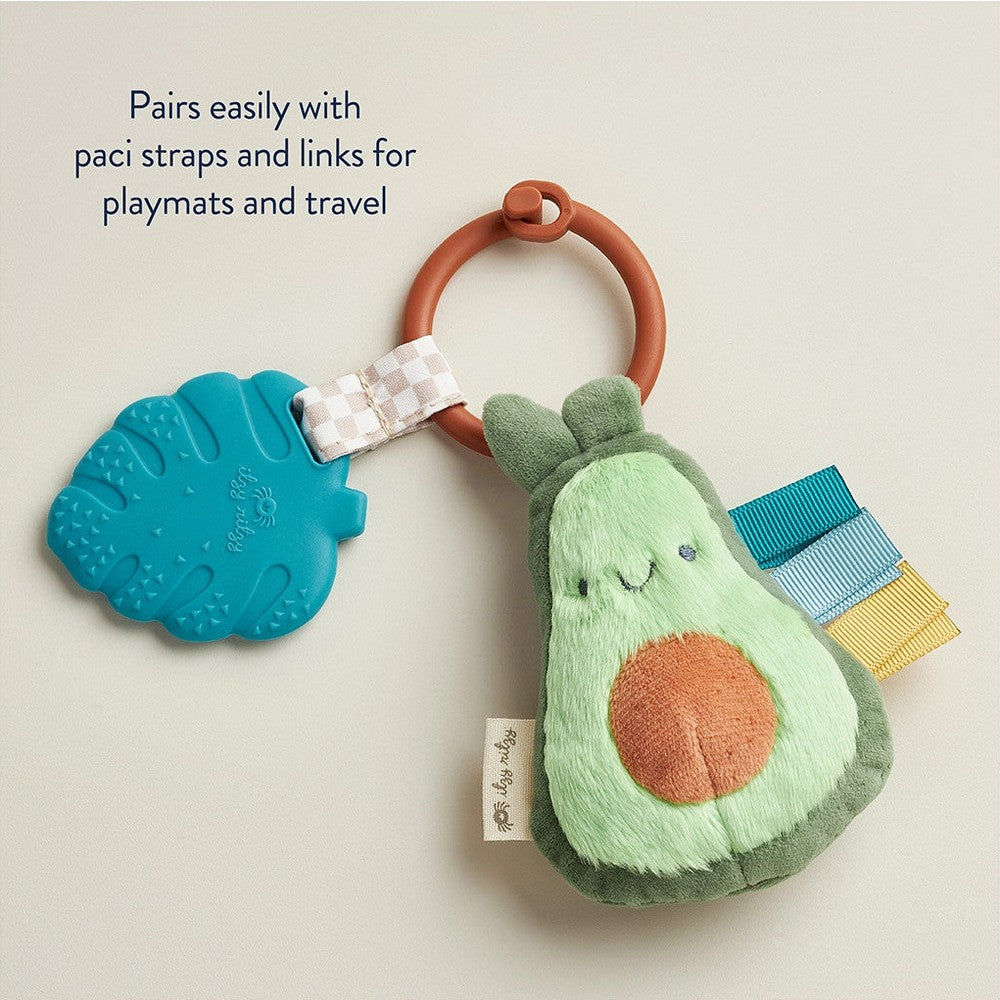 Itzy Ritzy Pal plush teether avocado toy with brown ring and blue leaf teether