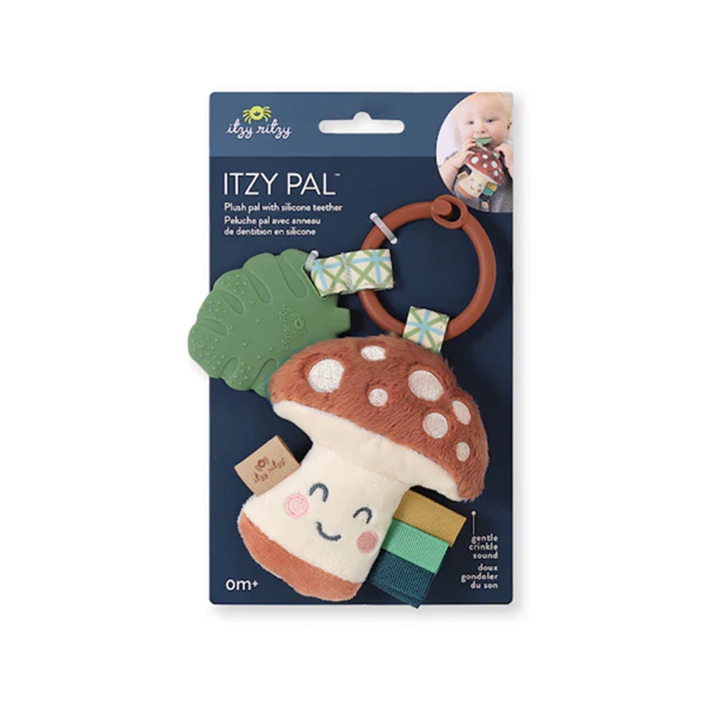 Itzy Ritzy Pal plush teether with silicone ring, mushroom design and colorful ribbons