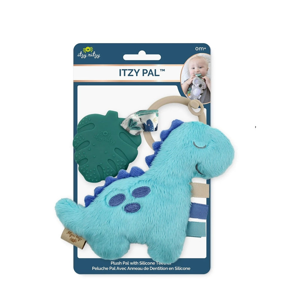 Itzy Ritzy Pal blue plush dinosaur teether with teal silicone leaf and fabric ribbons