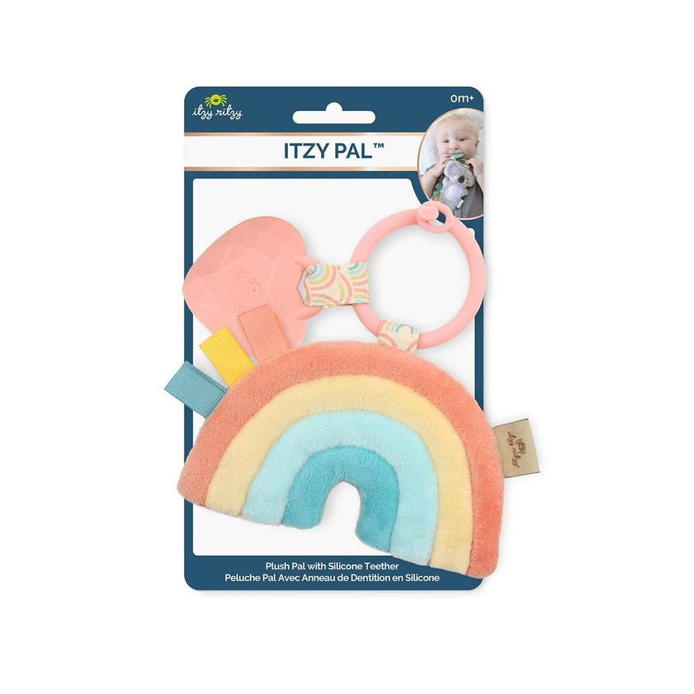 Itzy Ritzy Pal plush teether rainbow arch with pastel ribbons and ring