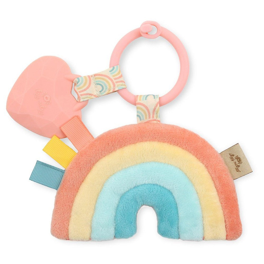 Itzy Ritzy Pal plush teether rainbow with pastel arches and pink ring clip