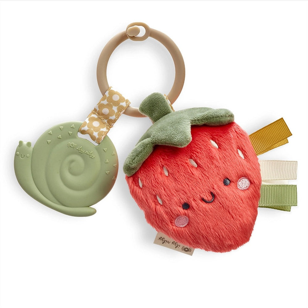 Itzy Ritzy Pal plush and teether; red strawberry plush with green leaf and beige ring snail teether