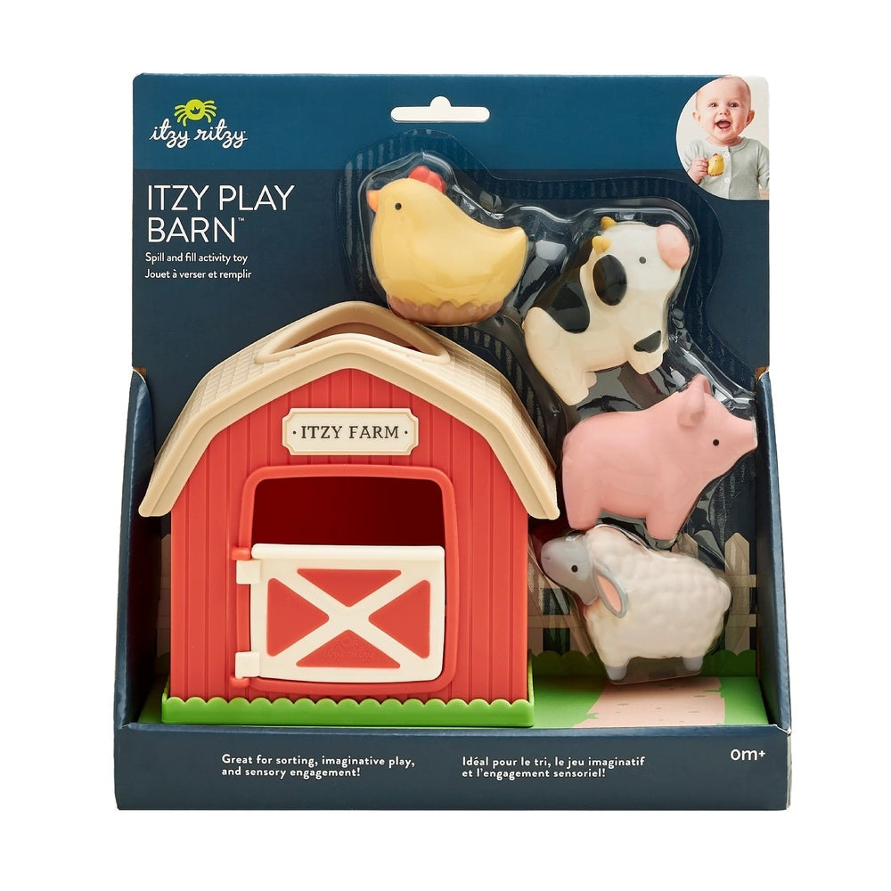 Itzy Ritzy Itzy Play Barn Spill and Fill Activity Toy, a red barn with open doorway and four farm animals nearby.