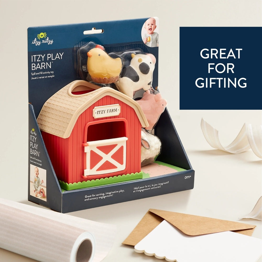 Itzy Ritzy Itzy Play Barn Spill and Fill Activity Toy, red barn with cream roof and animal figures for babies