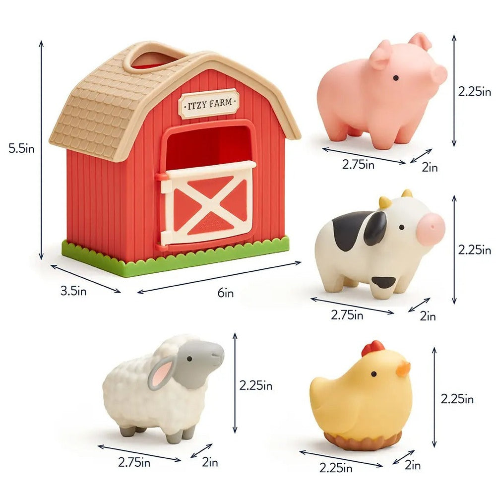 Itzy Ritzy Play Barn Spill and Fill Activity Toy: red barn with four animals shown as a child places them into
