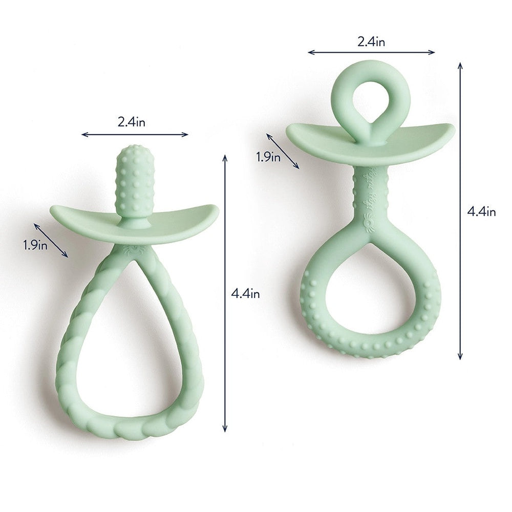 Itzy Ritzy pre-feeding teether set; two mint green silicone teething toys with textured bumps