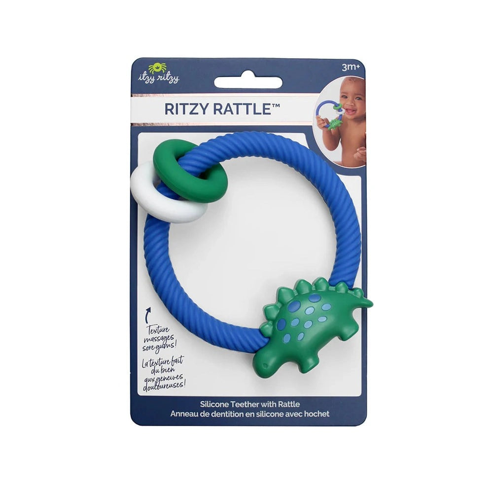 Itzy Ritzy silicone rattle teether: blue textured ring with green dinosaur charm for babies