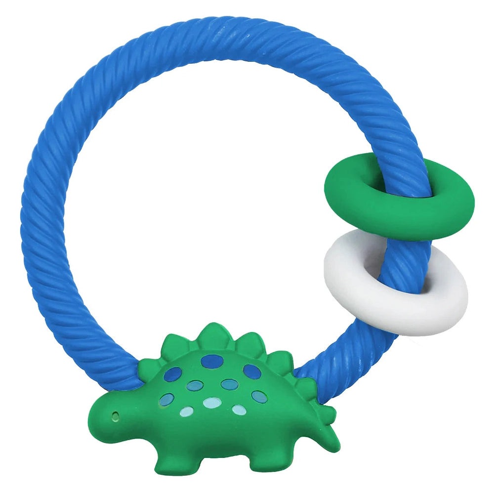 Itzy Ritzy silicone rattle teether with blue braided ring and green dinosaur charm