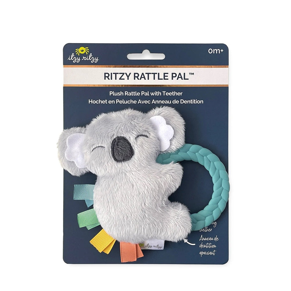 Itzy Ritzy Ritzy Rattle Pal plush gray koala teether with teal braided ring