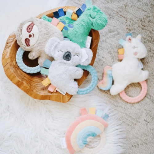 Itzy Ritzy Ritzy Rattle Pal plush rattle with teether; pastel animal rattles and rainbow teether (3 toys)