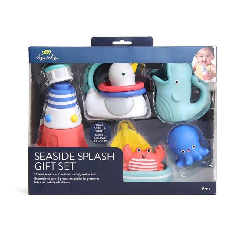 Itzy Ritzy Seaside Splash Gift Set six-piece bath toys in bright sea creatures colors