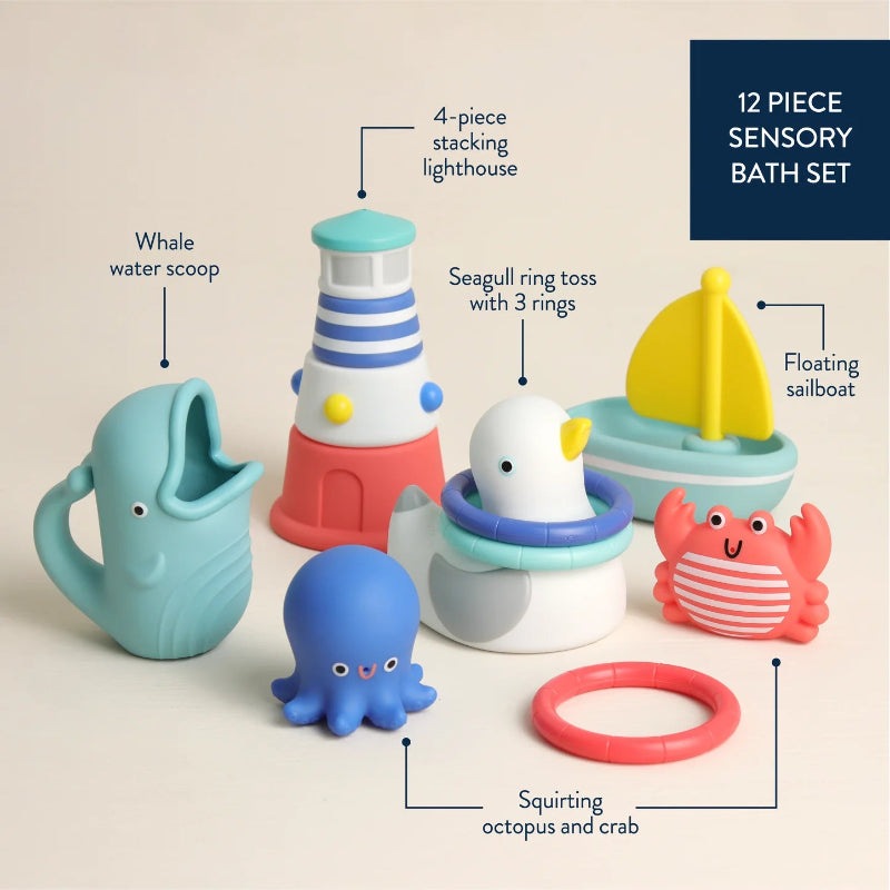 Itzy Ritzy Seaside Splash bath set, 12 pieces with whale scoop, lighthouse, seagull rings, sailboat, octopus and crab