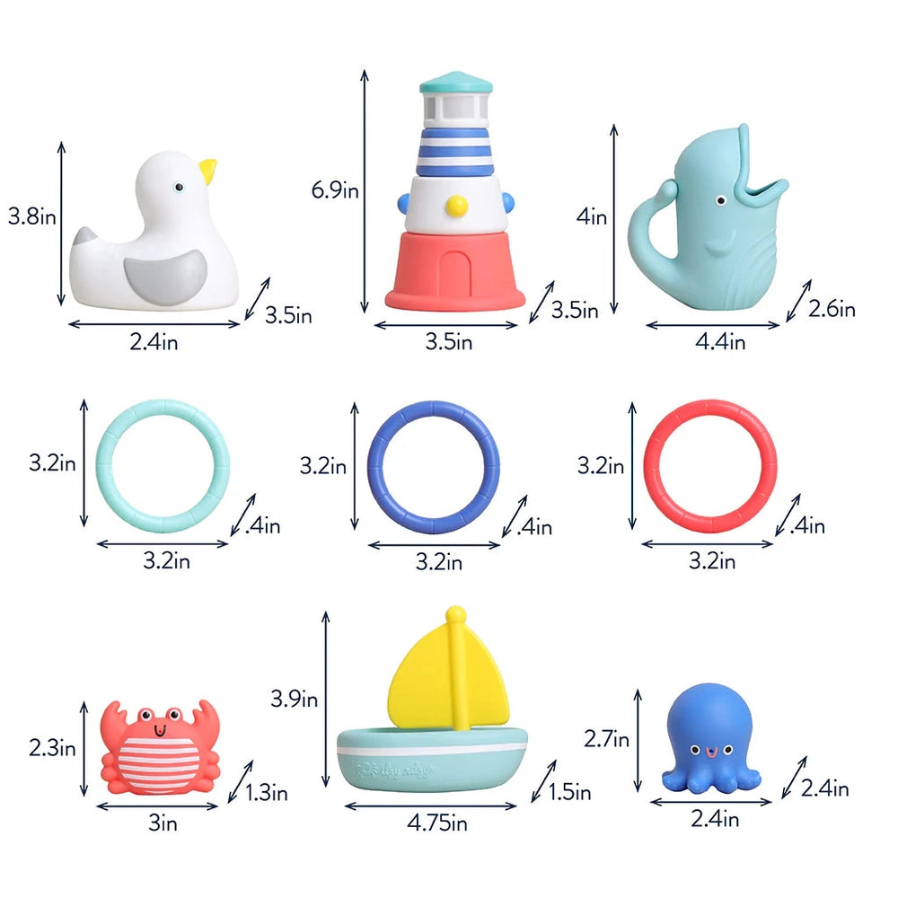 Itzy Ritzy Seaside Splash Gift Set; 9 bath toys including duck, lighthouse, whale, crab, sailboat, octopus and 3 rings