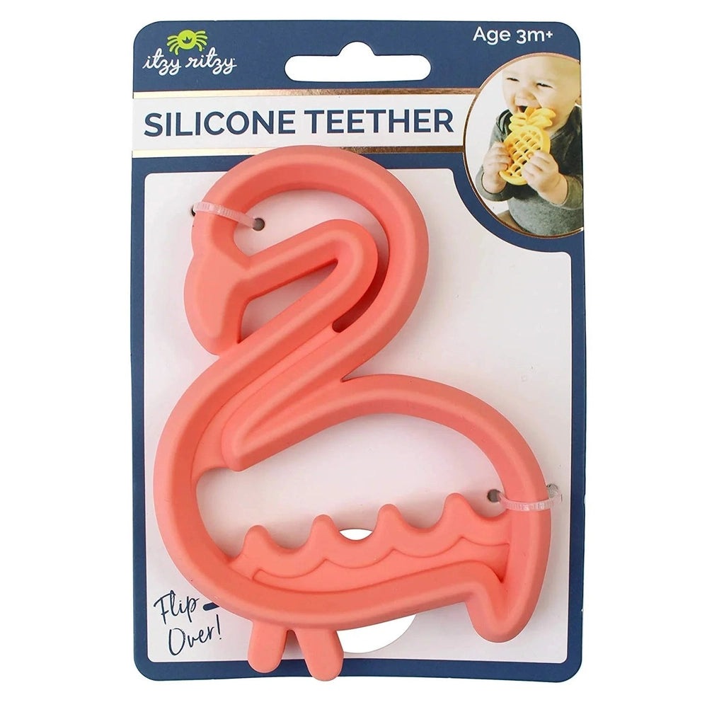 Itzy Ritzy silicone teether coral pink; flexible baby teething toy with textured wave edge