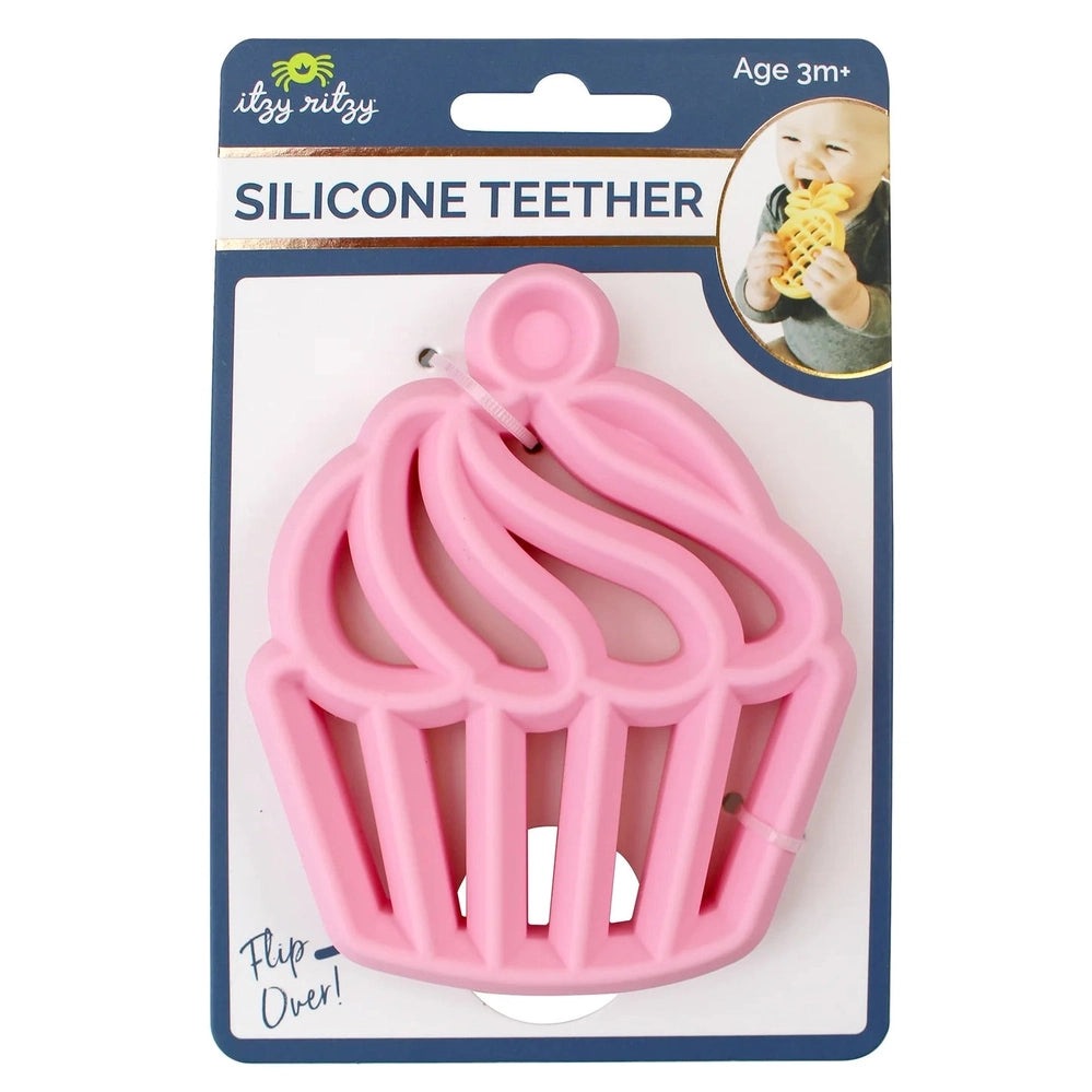Itzy Ritzy pink silicone cupcake teether for babies, soft and easy-grip teething toy