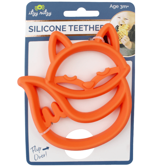 Itzy Ritzy silicone teether fox shape in bright orange, baby teething toy