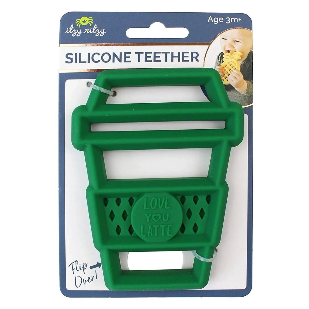 Silicone teether ITZY RITZY green with lattice panels and Love You Latte emblem