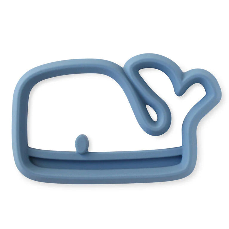 Itzy Ritzy silicone teether in blue with a curved rectangular frame and looped tail.