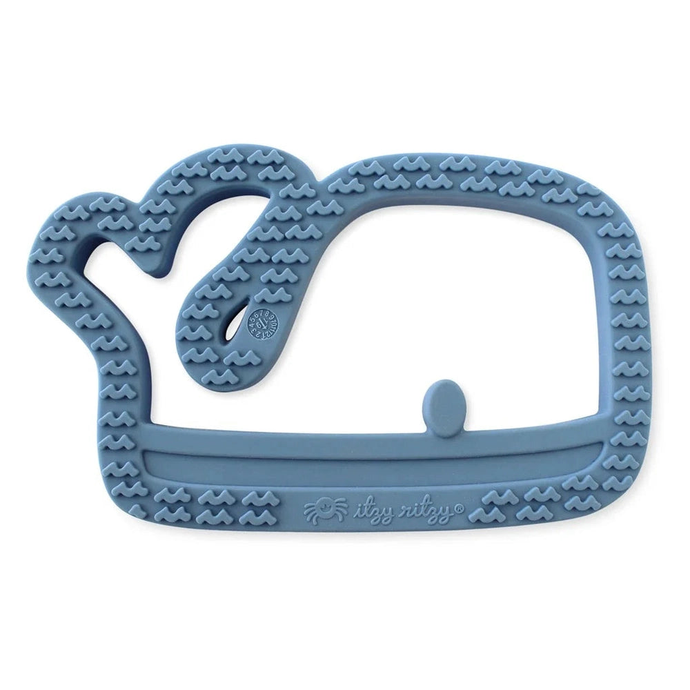 Itzy Ritzy silicone teether in blue with a textured wave pattern and looped frame