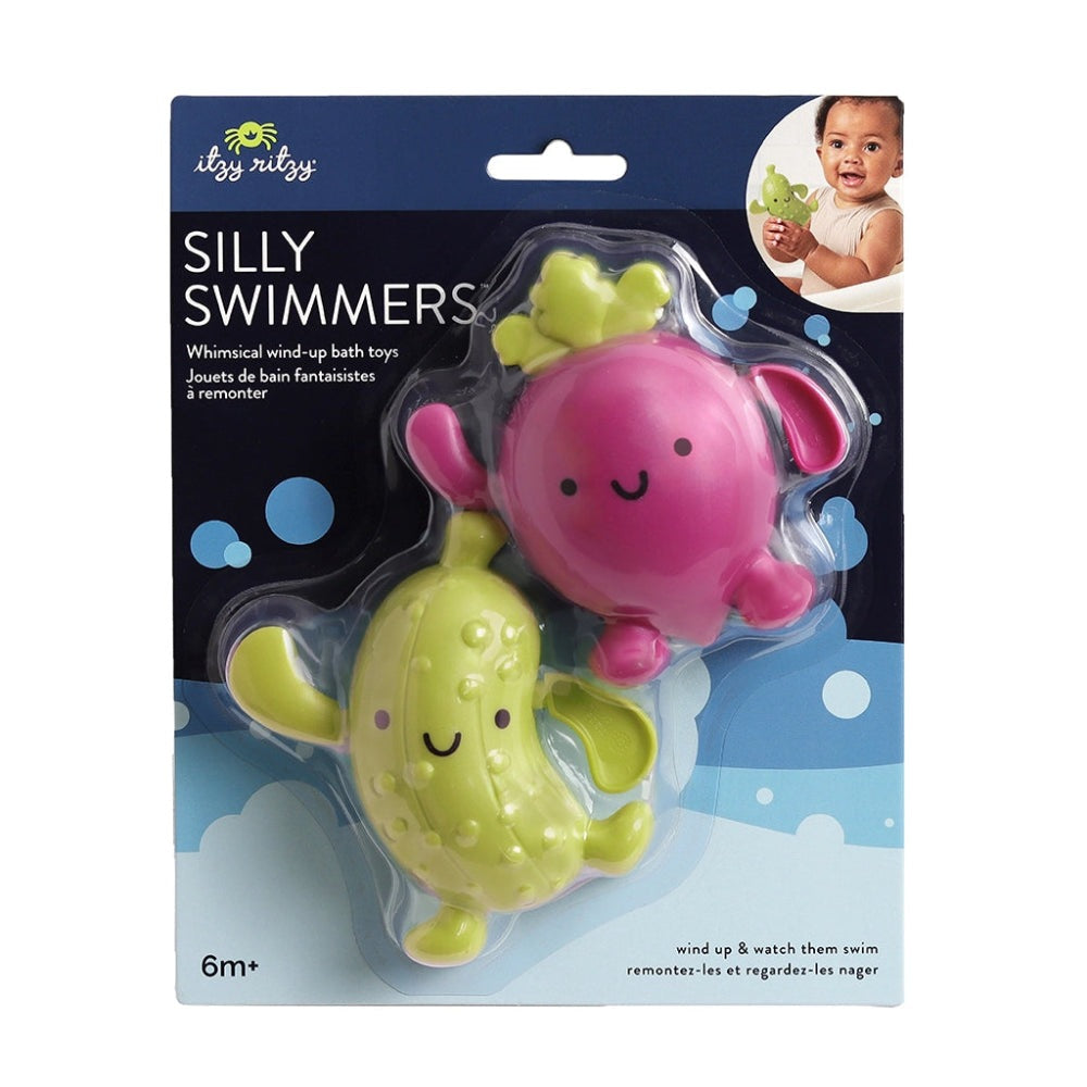 Itzy Ritzy Silly Swimmers bath set featuring a yellow pickle and pink beet bath toys (2-pack)