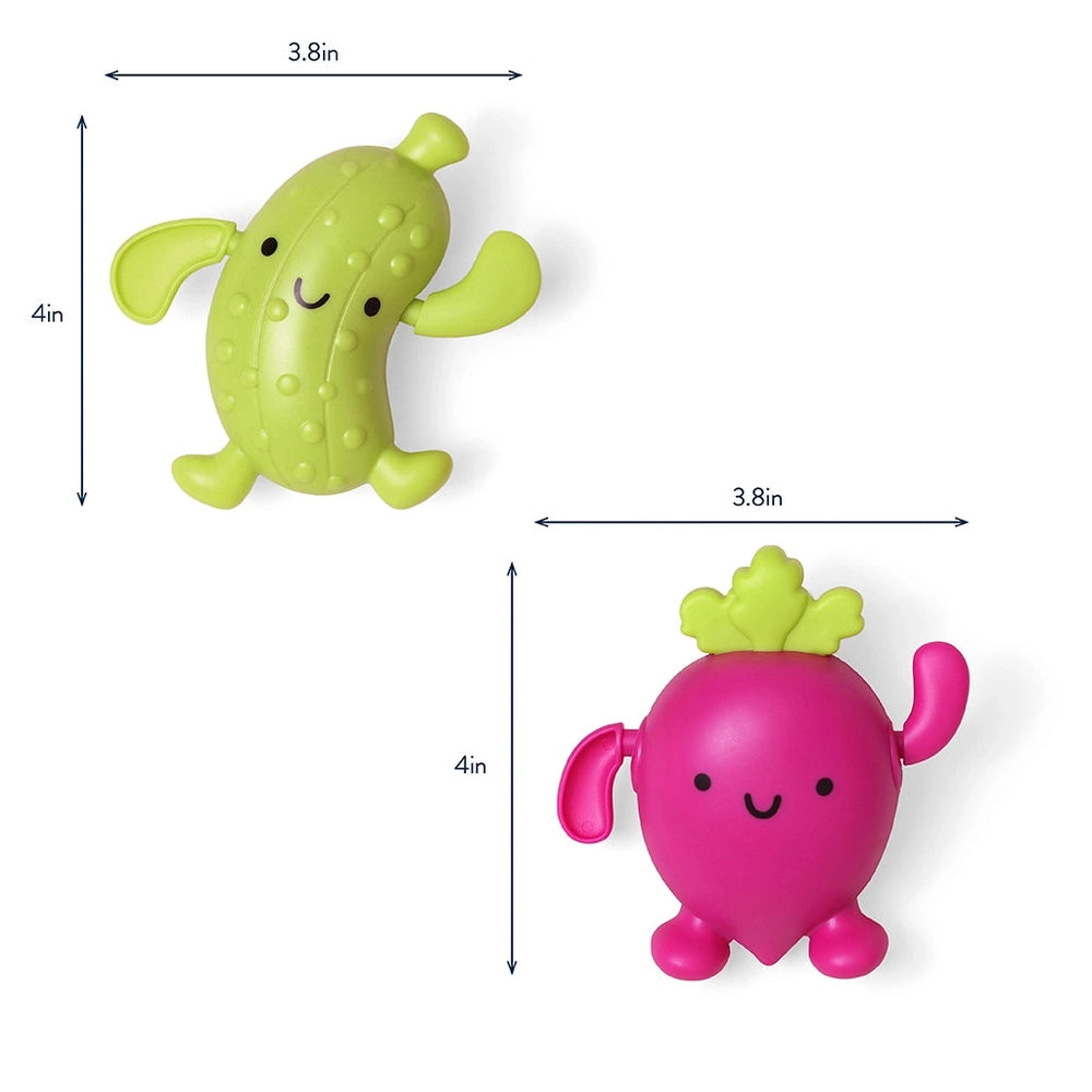 Itzy Ritzy Silly Swimmers Pickle and Beet bath toys; two 4in cheerful figures, green pickle and pink beet