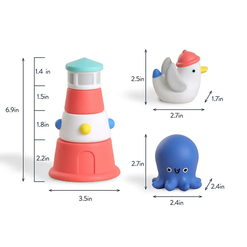 ITZY RITZY Stack & Squirt bath toy set—pink lighthouse, white duck, blue octopus; kids stack and squeeze during bath.