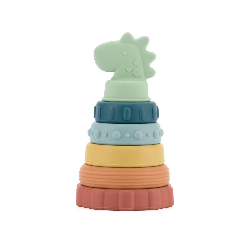 Itzy Ritzy silicone stacking toy featuring a pastel green dinosaur topper and six colorful rings