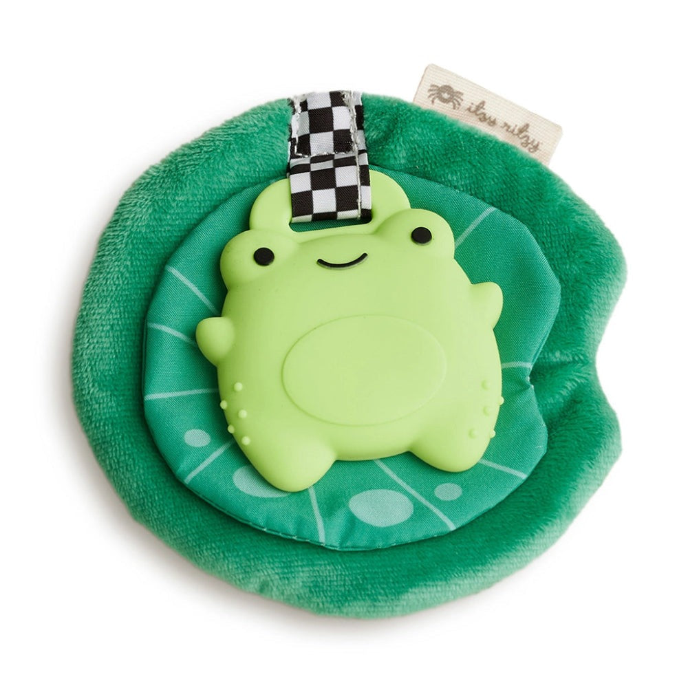 Itzy Ritzy Sweetie Crinkle sensory teether with a bright green frog silicone on a teal plush ring