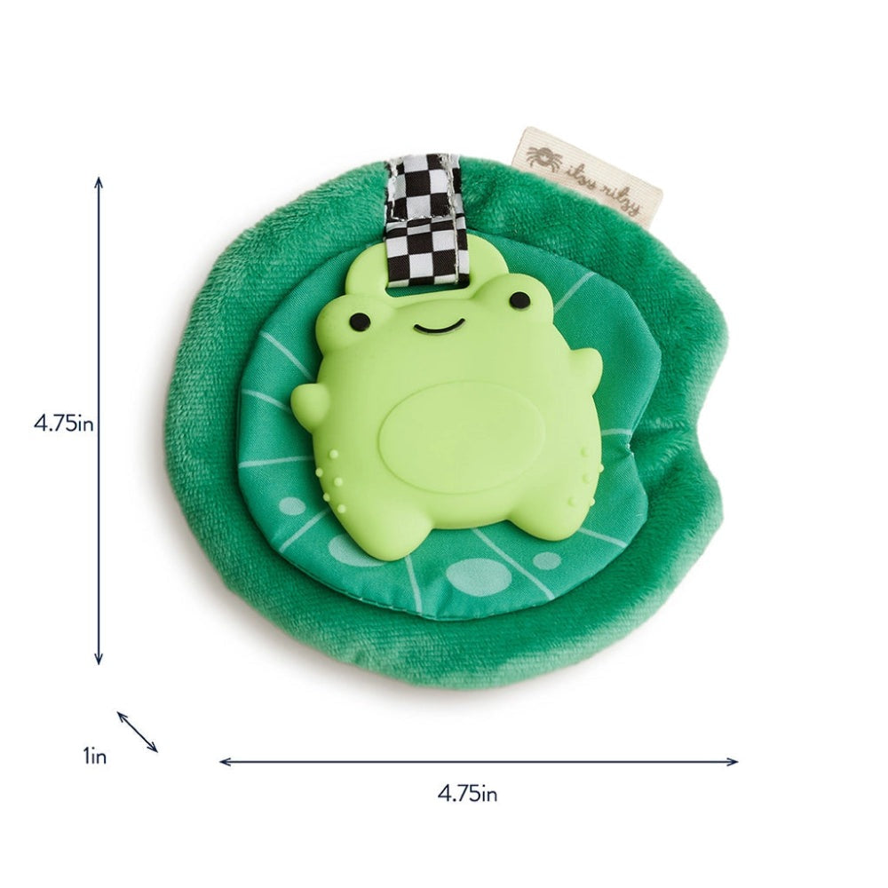 Itzy Ritzy Sweetie Crinkle sensory teether with green frog silicone charm on plush green leaf