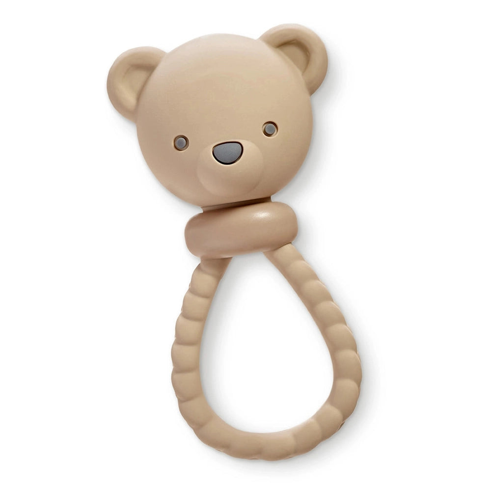 Itzy Ritzy Sweetie Rattle Bear teether with beige bear head and ribbed loop handle