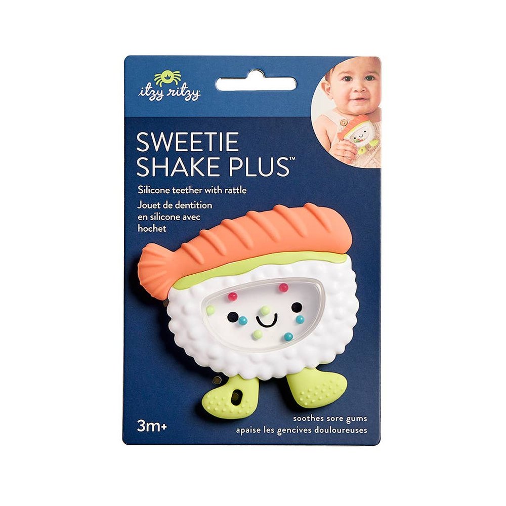 Itzy Ritzy Sweetie Shake Plus teether rattle, orange top, white textured body, lime-green feet
