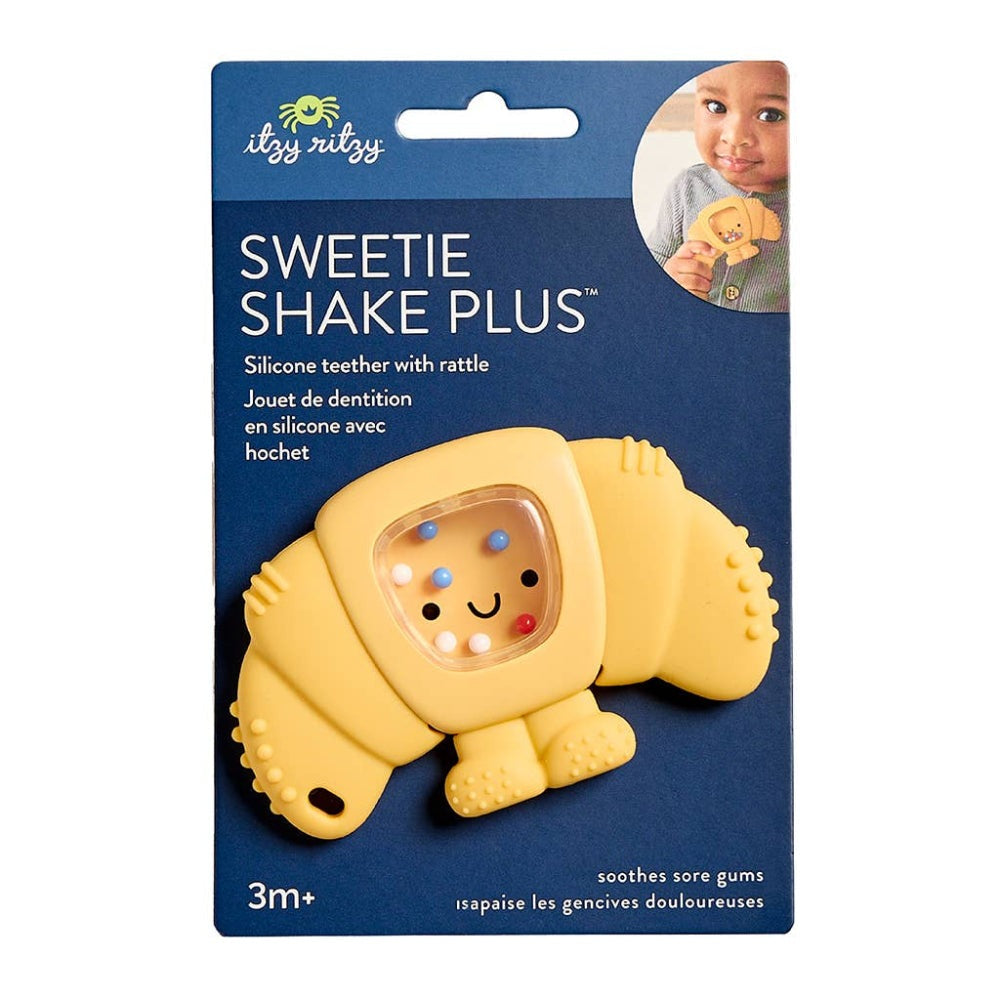 Itzy Ritzy Sweetie Shake Plus silicone teether rattle in yellow for babies 3m+