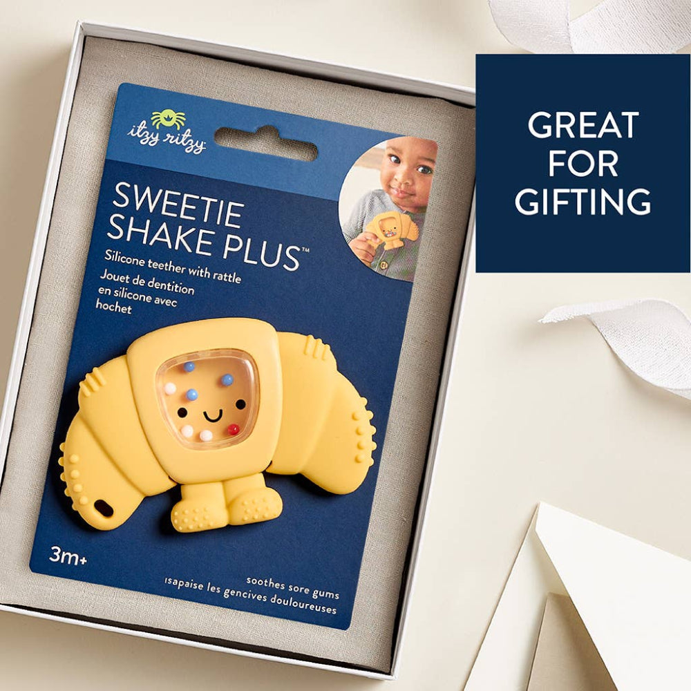 Itzy Ritzy Sweetie Shake Plus teether rattle in yellow silicone for babies 3m+