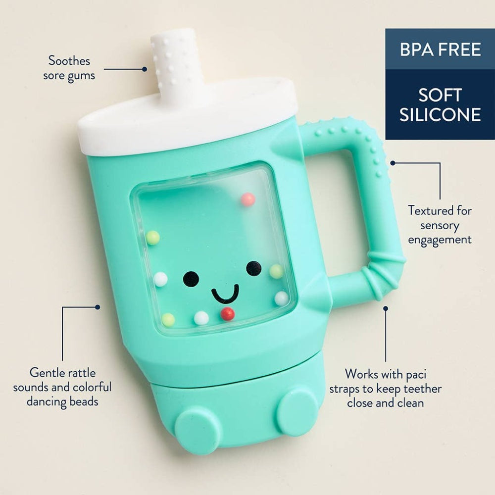 Itzy Ritzy Sweetie Shake Plus Rattle & Teether in teal soft silicone with textured beads and a smiling face