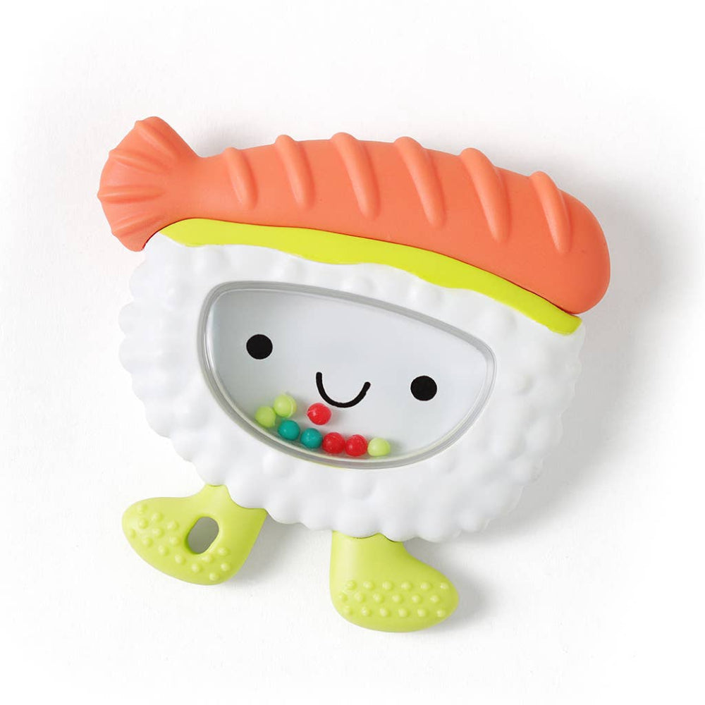 Itzy Ritzy Sweetie Shake Plus Rattle & Teether teething toy with orange-pink head and white fluffy body