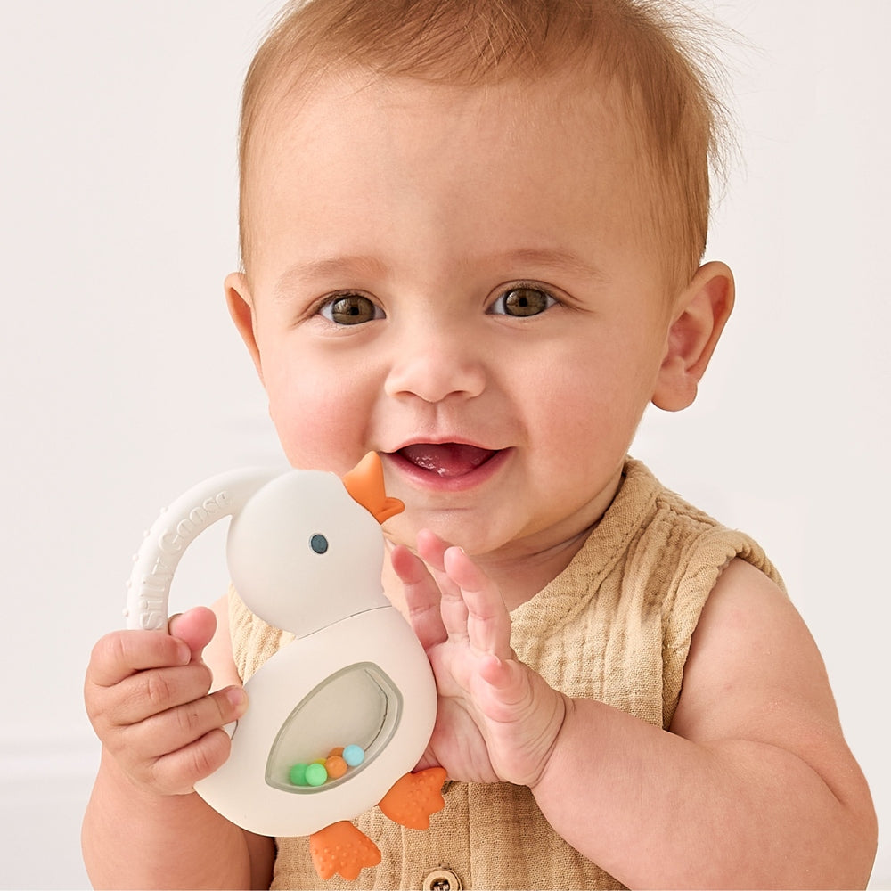 Itzy Ritzy Sweetie Shake Plus Rattle & Teether Goose silicone teether rattle view 02.