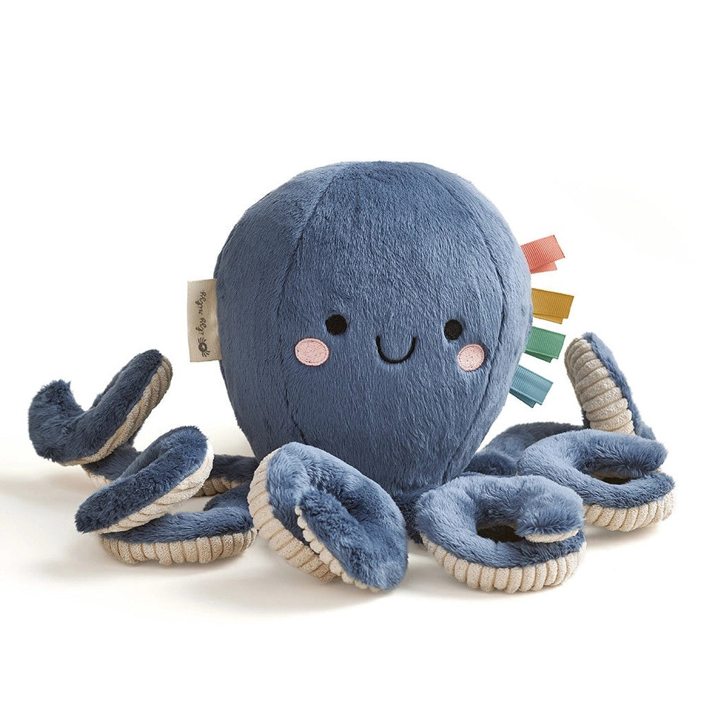 Itzy Ritzy Sweetie Snuggles Plush blue octopus stuffed toy with soft fabric and colorful tag ribbons on its tentacles