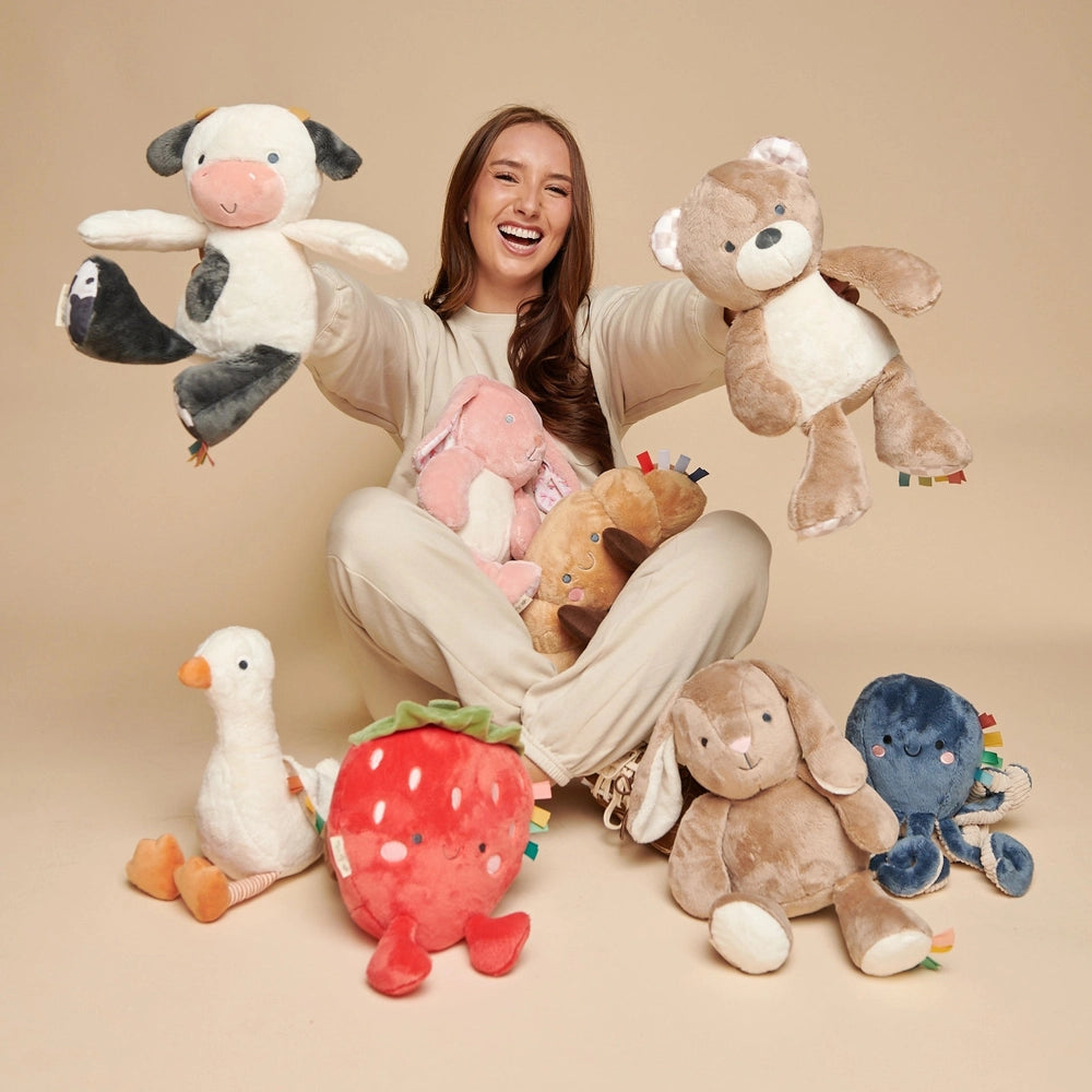 Itzy Ritzy Sweetie Snuggles Plush set of 9 assorted soft stuffed toys held by a smiling woman.